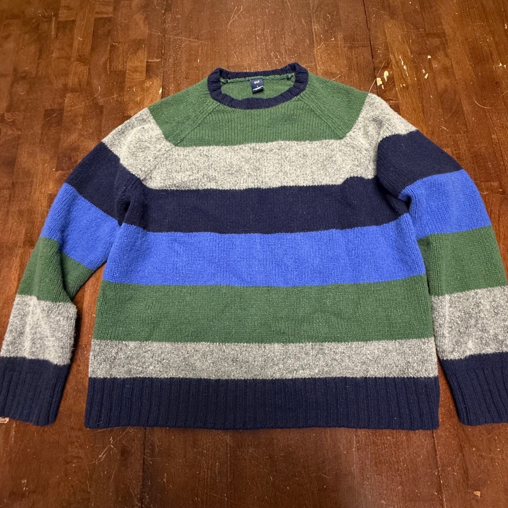 Gap Crewneck Sweater Mens Large Multi Color Striped Lambswool Blend Raglan